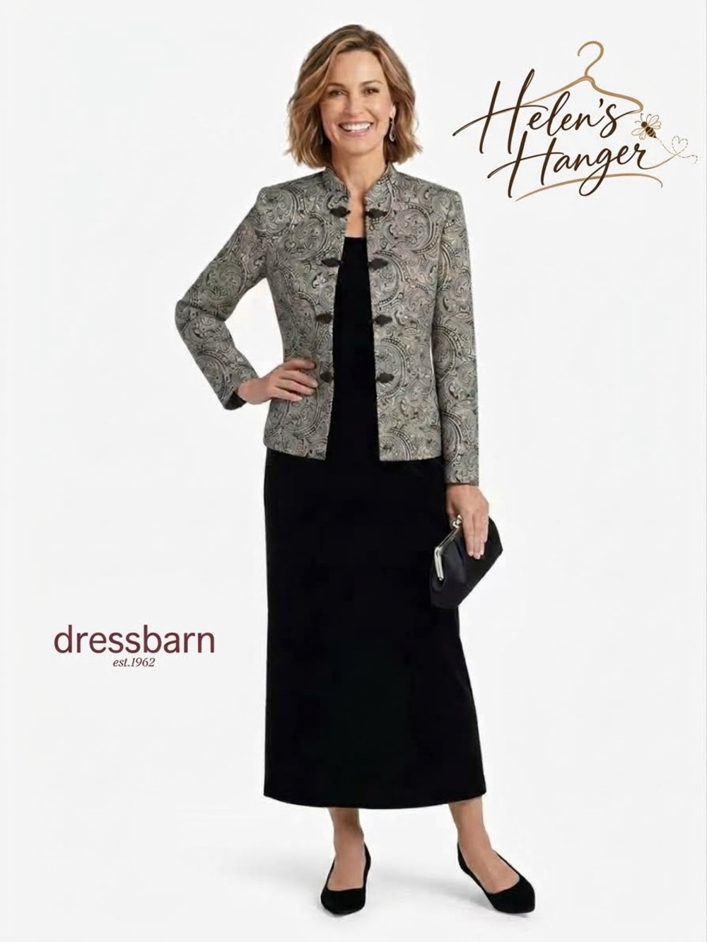 Dressbarn Collection Metallic Silver Black Paisley Brocade Mandarin Jacket | M